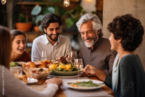 People Sitting Around Dinner Table for a Meal and Conversation, Happy multi-generation family communicating and smiling while having dinner together, AI Generated