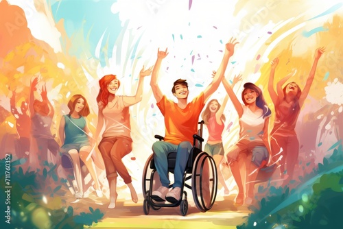 A man in a wheelchair is surrounded by a diverse group of individuals enjoying each others company at a park, happy people in wheelchair in park, Disabled person, AI Generated