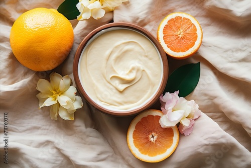 Fototapeta Naklejka Na Ścianę i Meble -  Creamy citrus indulgence. open jars of cream with fresh orange fruits - top view. Body care
