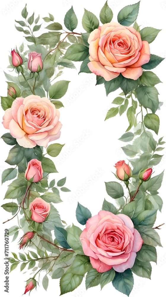 Watercolor painting of rectangle-shaped rose wreath. 