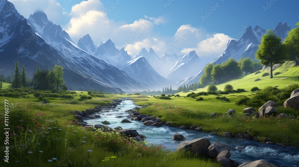A tranquil river winding through a serene valley