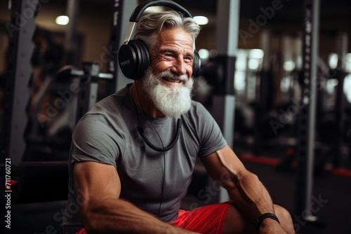 Man Wearing Headphones Sitting in Gym, Fitness Enthusiast Focuses on Music During Workout, happy smiling retired sportsman in sportswear and headphones doing front squat, AI Generated