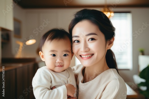 A touching image capturing the intimate bond between a mother and her infant as she holds the baby securely in her arms, happy smiling young asian mother with little baby at home, AI Generated