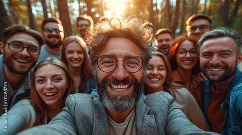 Happy friends group taking selfie in the forest at sunset © OKAN