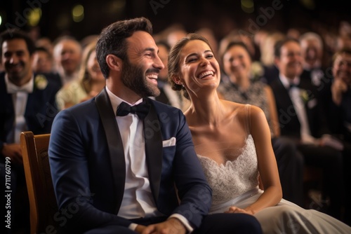 A man and a woman sitting next to each other, illustrating companionship and connection, Happy wedding photography of bride and groom at wedding ceremony, AI Generated