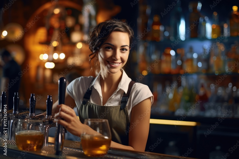 A woman happily stands behind a bar, with glasses of beer lined up in front of her, happy young female barkeeper pouring beer into glass while working in bar looking at camera, AI Generated