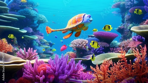 A vibrant coral reef with exotic fish and sea turtles