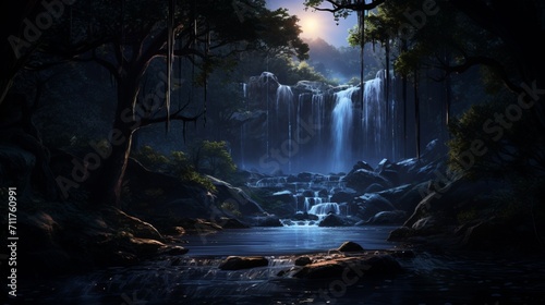 A nocturnal view of a waterfall amidst a forest, showcasing the ethereal beauty of a nighttime cascade illuminated by moonlight. - Generative AI photo