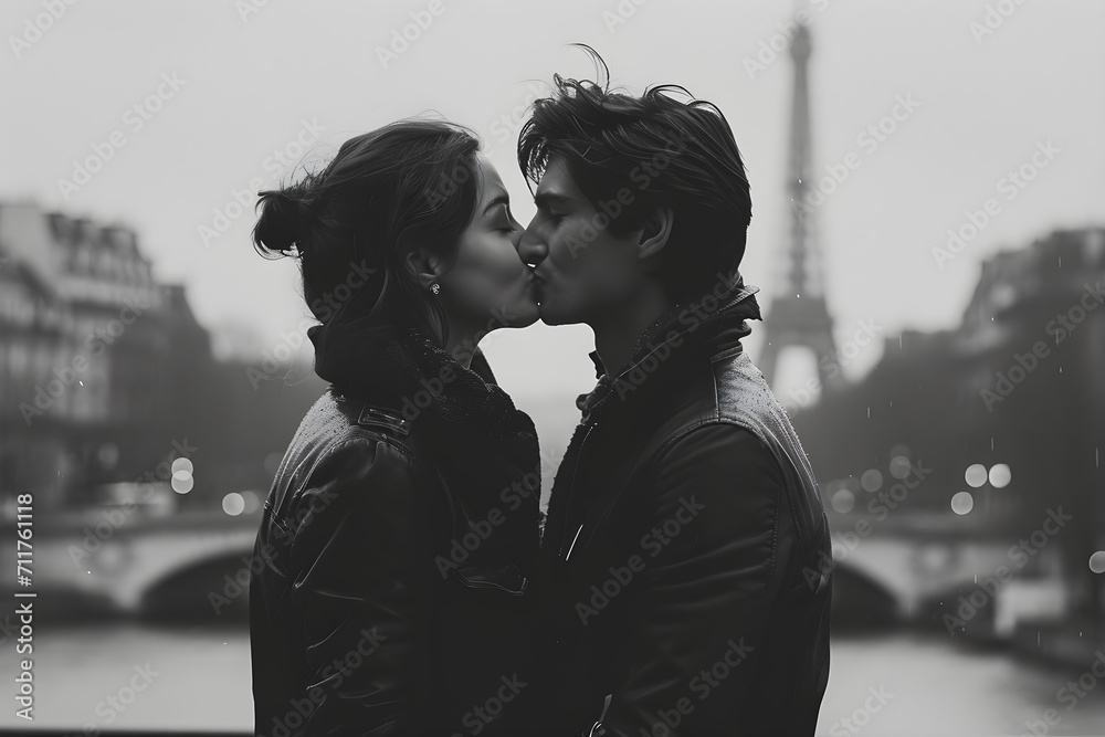 Couple kissing in the city of Paris, in a monochromatic style.