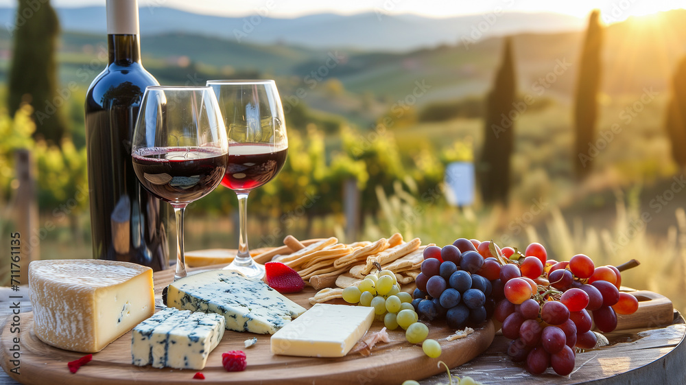 Bottle of wine with wine glasses, cheese platter and grapes on a table outdoors in Mediterranean setting