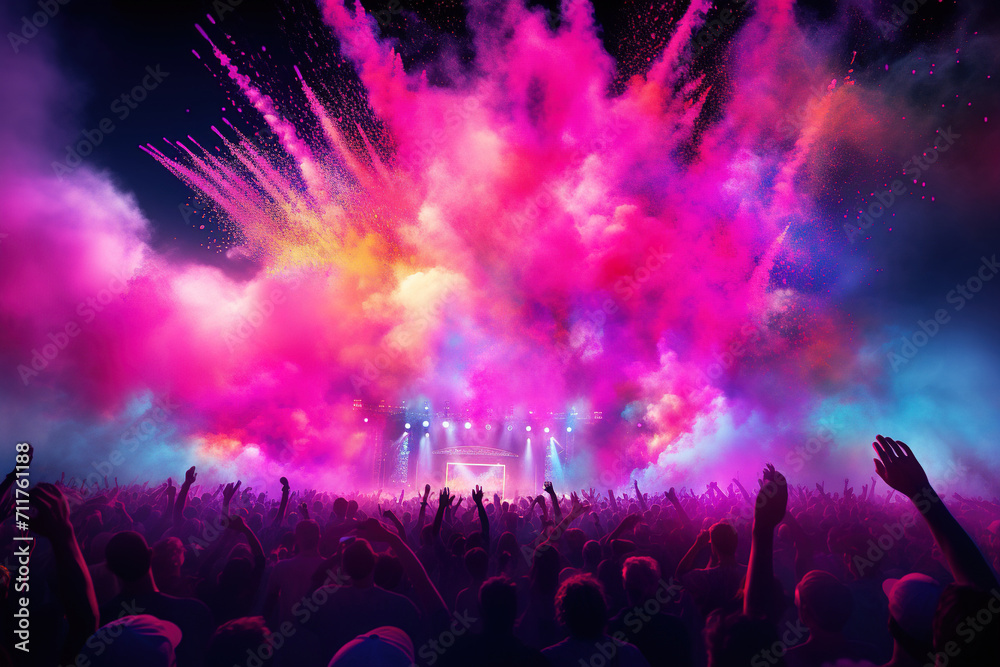 Explosive colours fill the air in celebration of the Holi Festival with a cheerful multitude. It is celebrated with music and dance. Spring and love festival.
