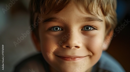 Close-up of a smiling young boy with cheerful emotion. Created with Generative Ai technology.