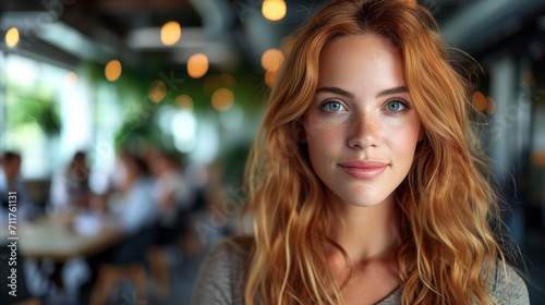 Confident young woman with red hair smiling in a busy cafe