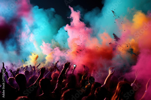 Cheerful participants in the Holi festival throw handfuls of brightly coloured powders into the air, creating a lively and colourful atmosphere. Spring and love festival.