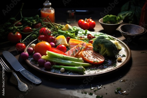A plate filled with a variety of nutritious vegetables  including broccoli and tomatoes  Healthy vegetarian dinner  AI Generated