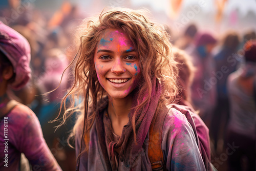 Cheerful woman smiling with joy, with her face painted amidst a cloud of pink powder at a Holi festival celebration. Spring and love festival.