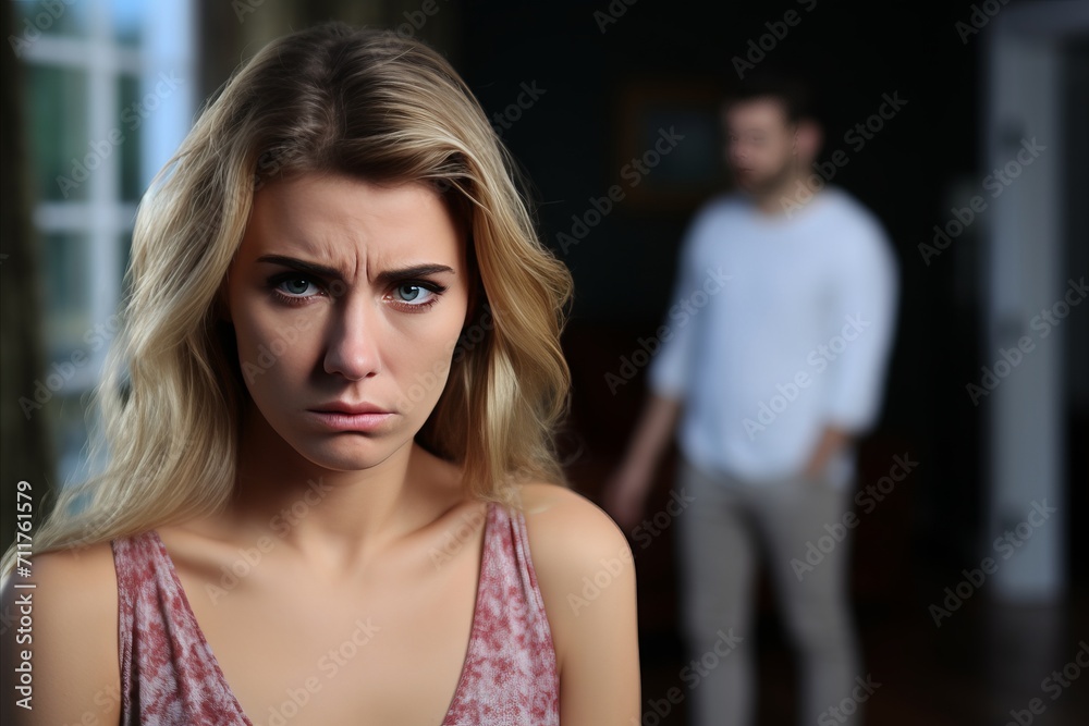 Sad woman with man in background. Relationship struggles and emotional distress concept