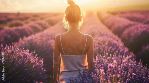 Woman from behind, strolling through a lavender field in the warm afternoon sun generative ai