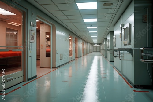 A hospital hallway stretching into the distance, with multiple open doors leading to patient rooms, Hospital surgery corridor, AI Generated