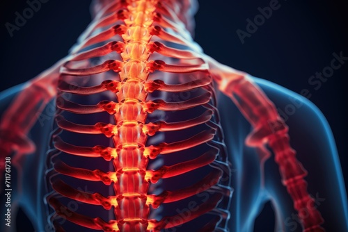 Human Back With Red Highlighted Skeleton for Anatomy Study and Education, Human spine visualising pain with red and orange colours, AI Generated