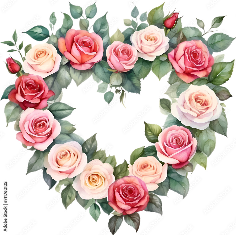 Watercolor painting of heart-shaped rose wreath.