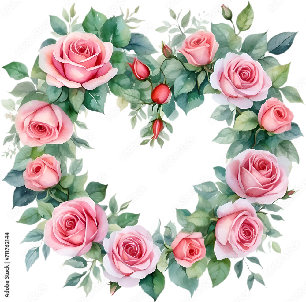 Watercolor painting of heart-shaped rose wreath. Watercolor painting of heart-shaped rose wreath.