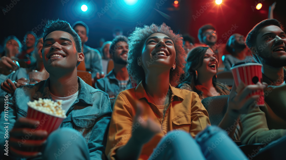 Excited audience in a cinema, with people smiling and looking up, some pointing, while holding popcorn and engaging in a shared entertaining experience. Excited audience in a cinema, with people smiling and looking up, some pointing, while holding popcorn and engaging in a shared entertaining experience.