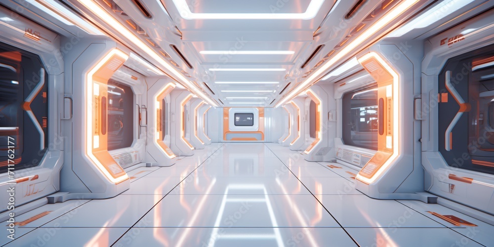 Sci-fi styled corridor in a space station or spacecraft , concept of Futuristic environment