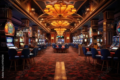 A lively casino room filled to the brim with an abundance of slot machines vying for attention, Interior of a casino, AI Generated © Iftikhar alam