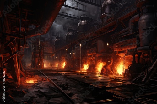 A gigantic factory is filled with raging fire and billowing smoke, creating a hazardous and chaotic environment, Iron and Steel making Factory, AI Generated