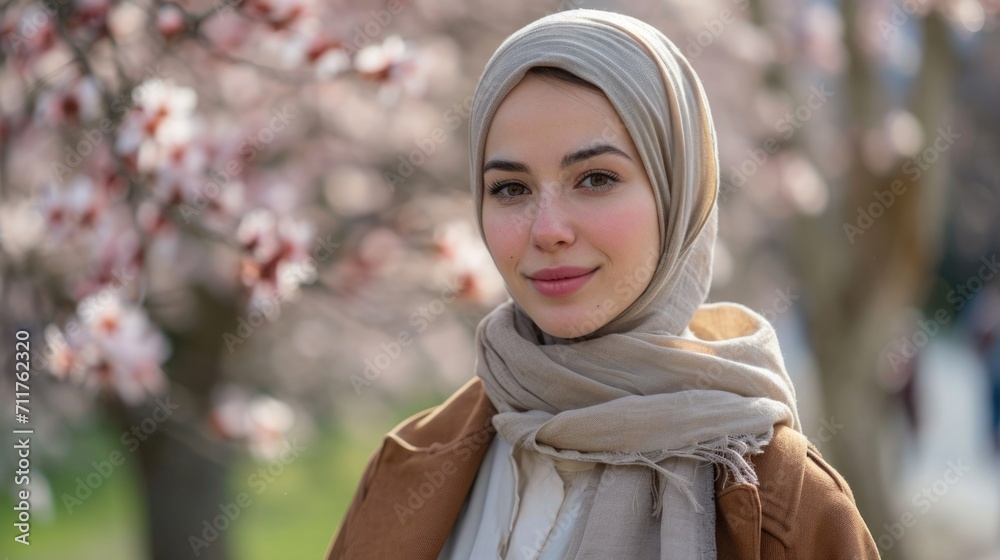 Portrait of a Hijab-Wearing Woman, modern and empowered, against a backdrop of a city park in gentle daylight Portrait of a Hijab-Wearing Woman, modern and empowered, against a backdrop of a city park in gentle daylight