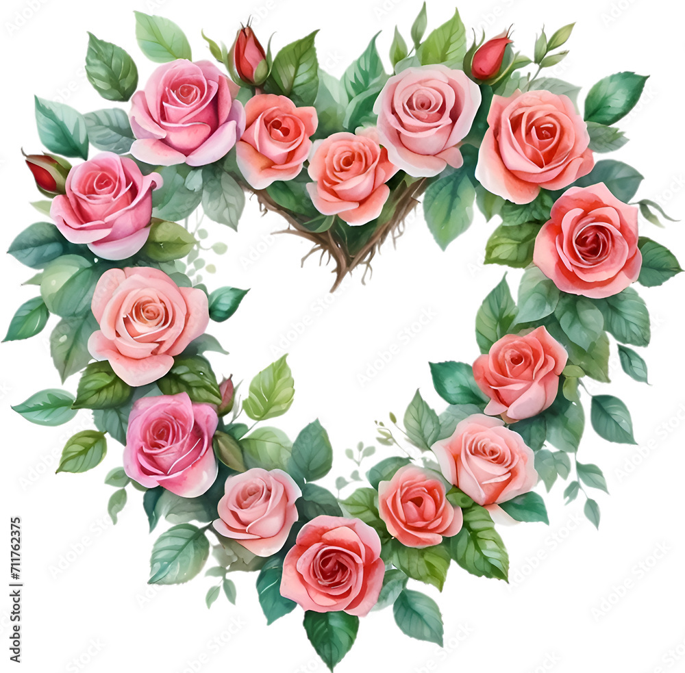 Naklejka premium Watercolor painting of heart-shaped rose wreath.