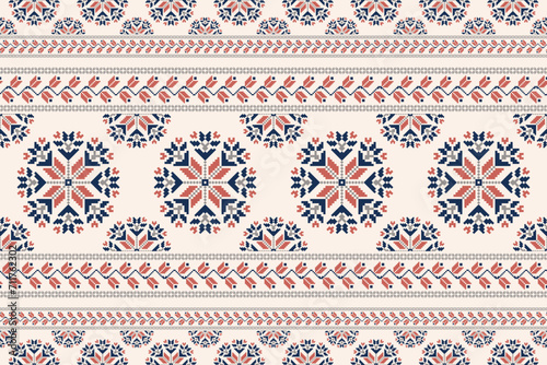 Folk floral embroidery colorful pattern. Vector folk embroidery geometric floral shape seamless pattern. Floral cross stitch pattern use for fabric, textile, home decoration elements, upholstery, etc.
