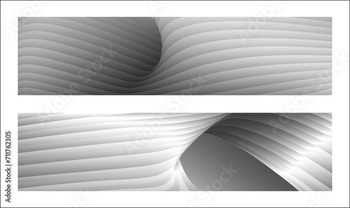 Monochrome cover design, abstract background. Wavy silver parallel gradient lines, ribbons, silk. Set of 2 backgrounds. Black and white with shades of gray banner, poster. eps vector