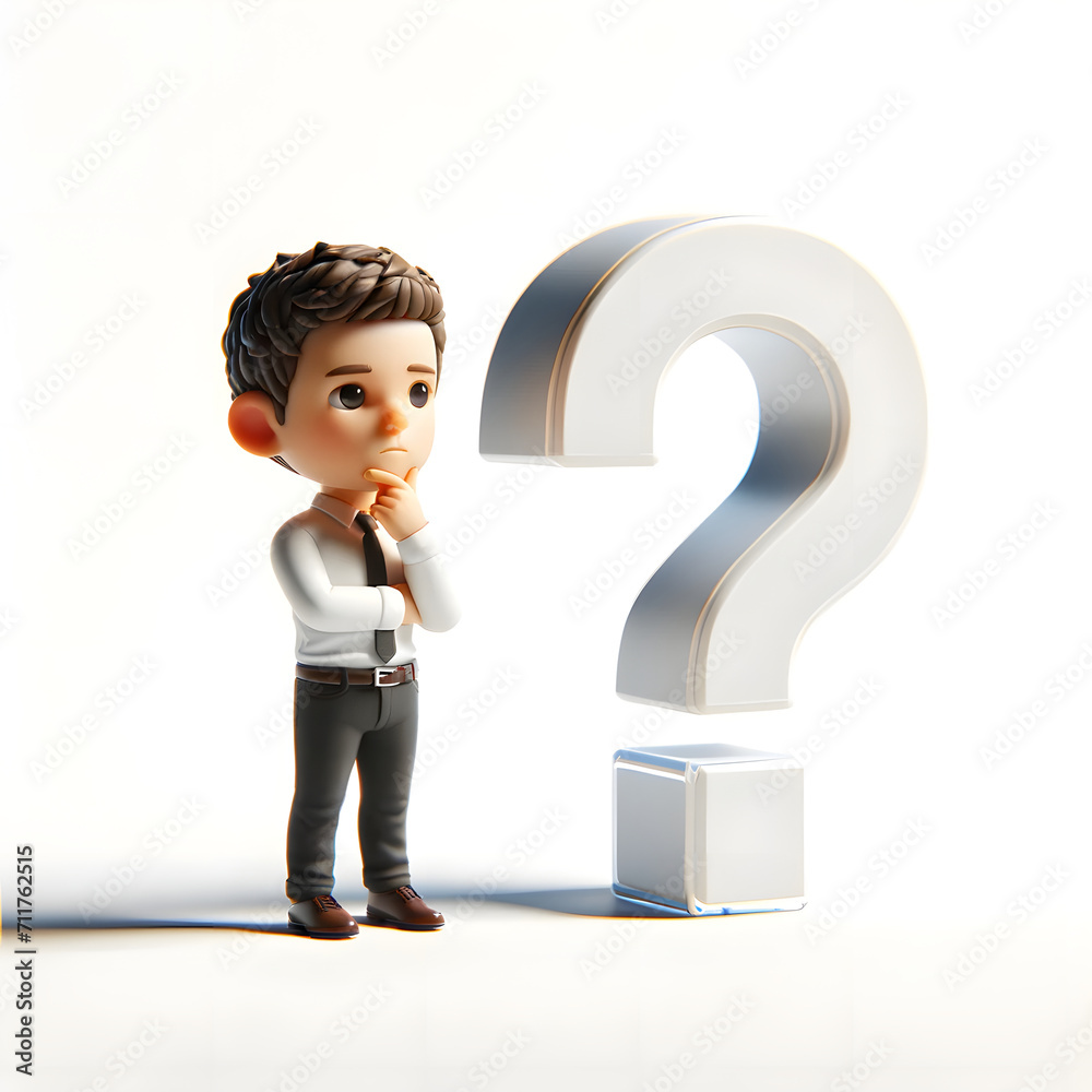 tiny, realistic man in a thoughtful pose, symbolizing confusion. The man is depicted with an expression of contemplation
