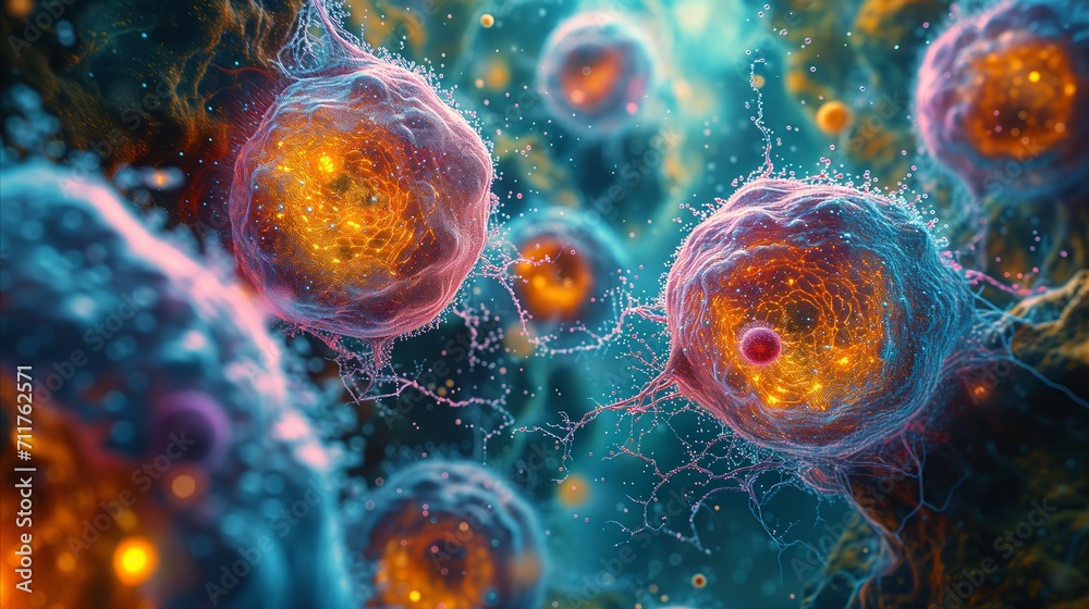 Vibrant human cells under microscope in medical 3d illustration Vibrant human cells under microscope in medical 3d illustration