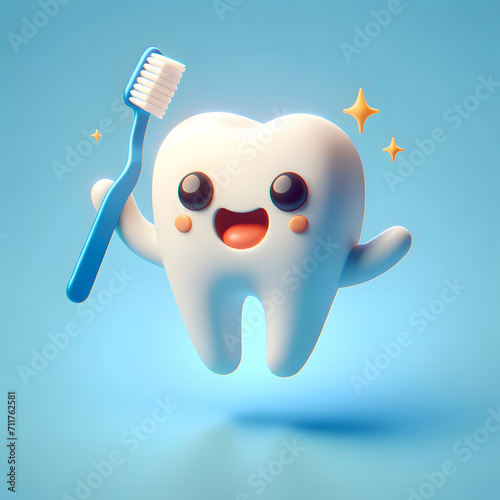 happy tooth getting cleaned with a toothbrush, floating in mid-air
