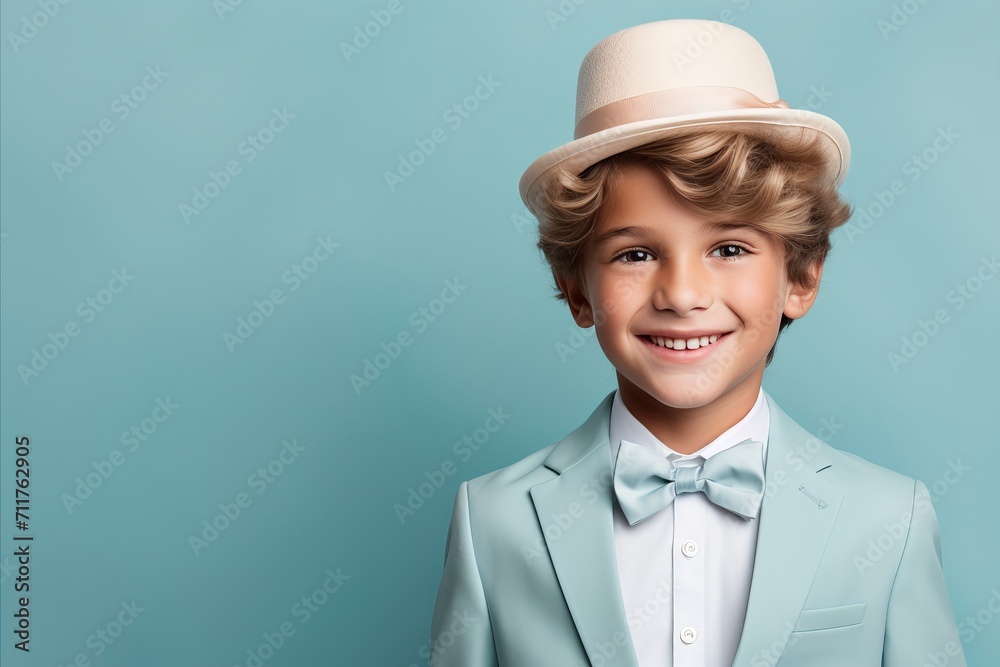 Smiling little boy wearing a stylish hat and suit, looking at the camera on blue background