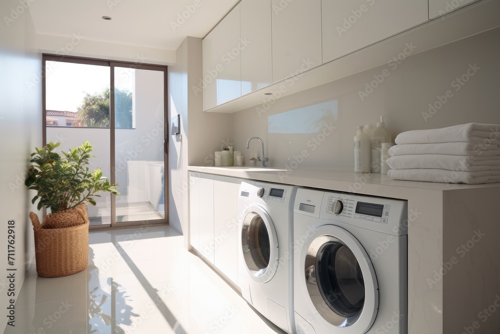 A laundry room featuring a washer and dryer for convenient and efficient garment cleaning, laundry area home interior design clean and clear empty space, AI Generated A laundry room featuring a washer and dryer for convenient and efficient garment cleaning, laundry area home interior design clean and clear empty space, AI Generated