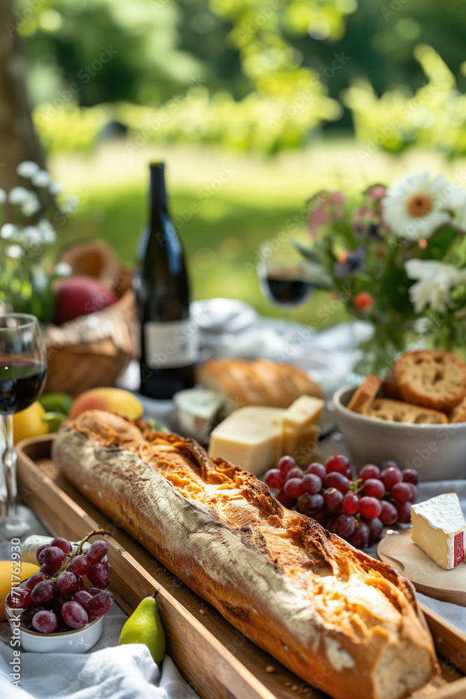 French countryside picnic featuring a baguette, cheeses, fruits, and wine