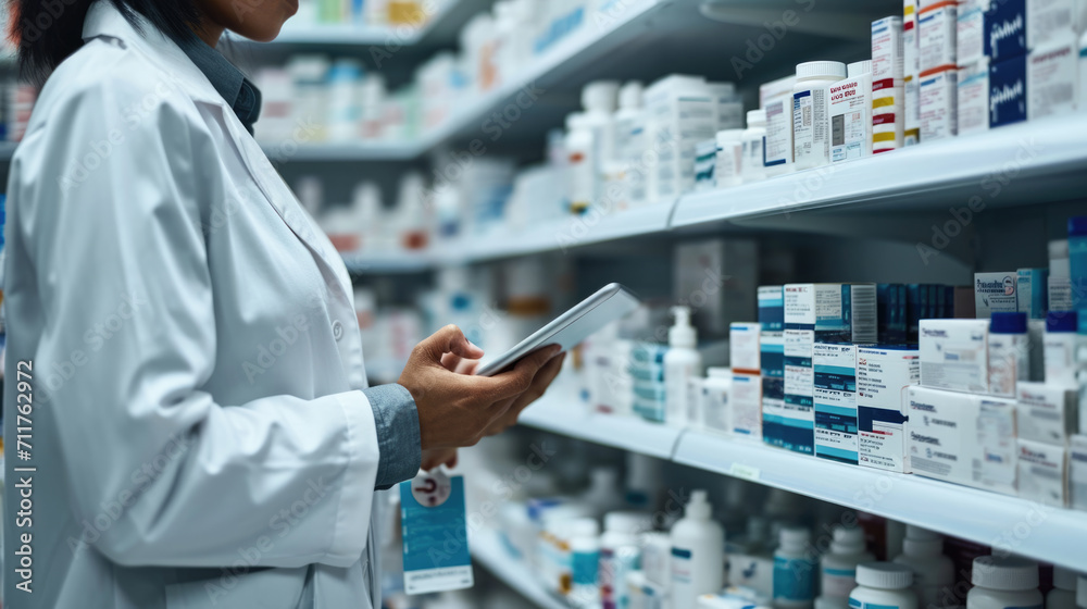 Female pharmacist or healthcare professional taking inventory or reviewing a clipboard in a pharmacy with shelves stocked with various medications.