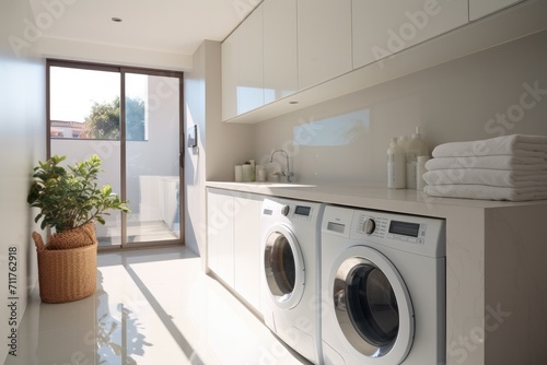 A laundry room featuring a washer and dryer for convenient and efficient garment cleaning, laundry area home interior design clean and clear empty space, AI Generated © Iftikhar alam