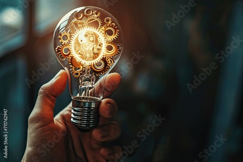 A close-up of a person hand holding a lightbulb, with visible gears and mechanisms inside Hand holding light bulb and business digital marketing innovation technology © PinkiePie