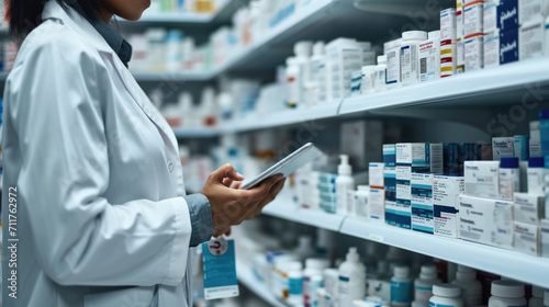 Female pharmacist or healthcare professional taking inventory or reviewing a clipboard in a pharmacy with shelves stocked with various medications. photo