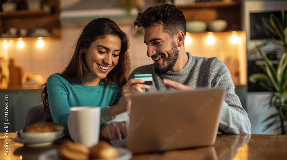 Joyful couple engaged in online shopping Joyful couple engaged in online shopping