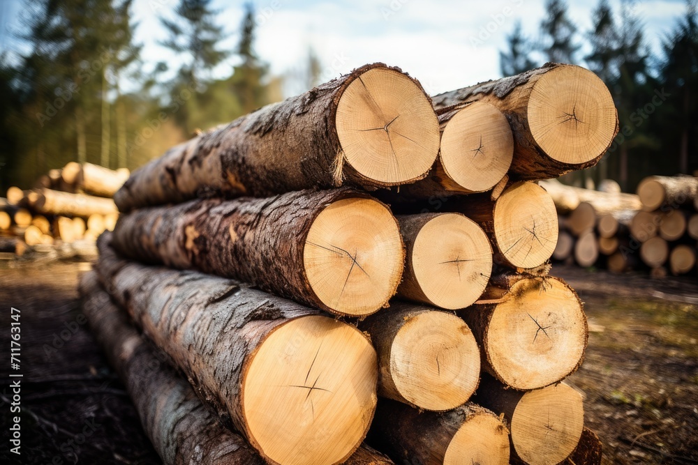 A picturesque scene capturing a pile of logs sitting peacefully on the forest floor, Log trunks pile, Wooden trunks pine, Logging timber wood industry, AI Generated A picturesque scene capturing a pile of logs sitting peacefully on the forest floor, Log trunks pile, Wooden trunks pine, Logging timber wood industry, AI Generated