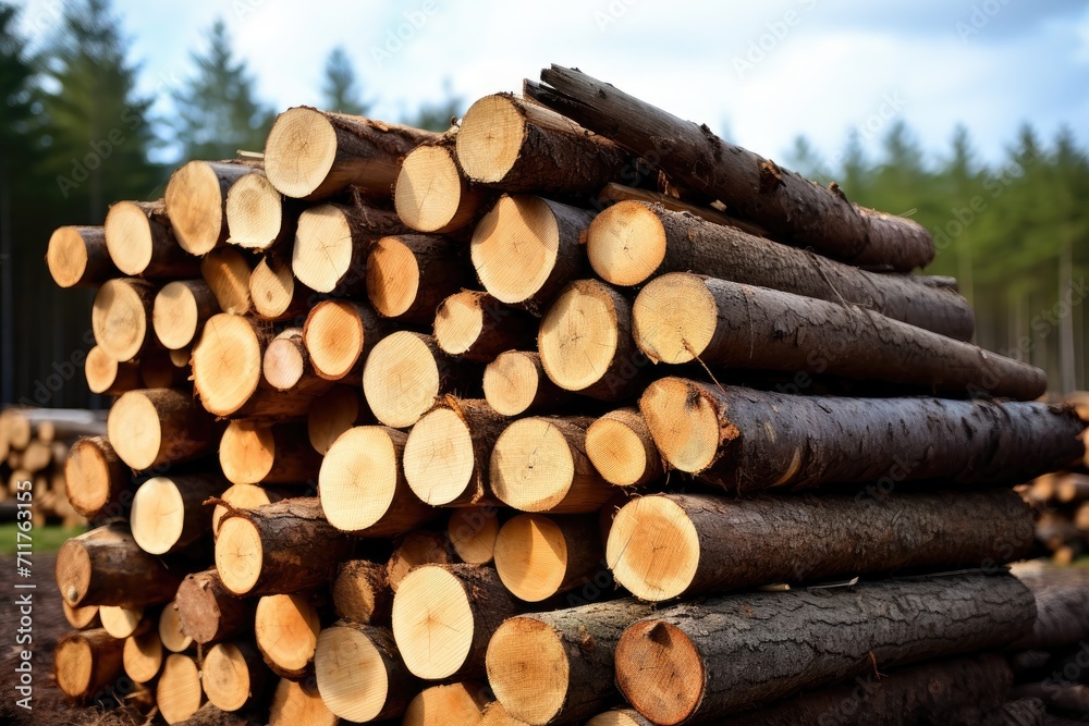 A pile of logs sits in the middle of a vast forest, displaying a natural stack of wood amidst the surrounding greenery, Log trunks pile, Wooden trunks pine, Logging timber wood industry, AI Generated A pile of logs sits in the middle of a vast forest, displaying a natural stack of wood amidst the surrounding greenery, Log trunks pile, Wooden trunks pine, Logging timber wood industry, AI Generated