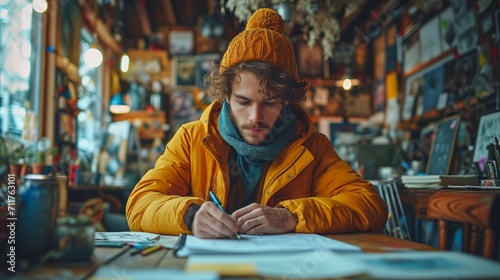 Focused man writing in notebook at cozy cafe during winter