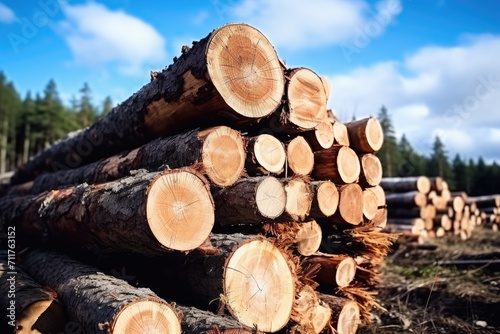 A collection of logs stacked together in a dense forest  showcasing the untouched beauty of nature  Log trunks pile  Wooden trunks pine  Logging timber wood industry  AI Generated