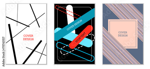 Geometric cover design, set of 3 covers. Abstract unusual background in Memphis style. Bright geometric shapes in random order